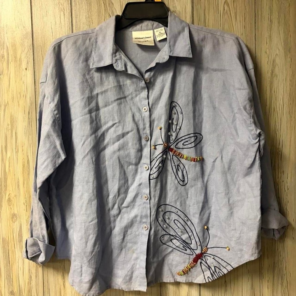 Michael Simon Blue Linen Dragonfly Beaded Embroidered Tie Back Shirt Size M